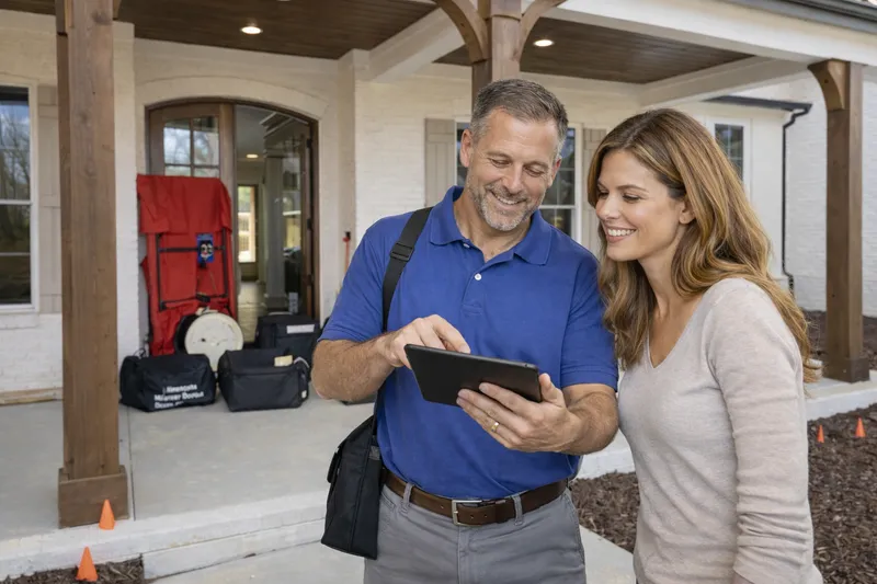 Energy auditor reviewing findings with homeowner on front porch after home energy audit in NC
