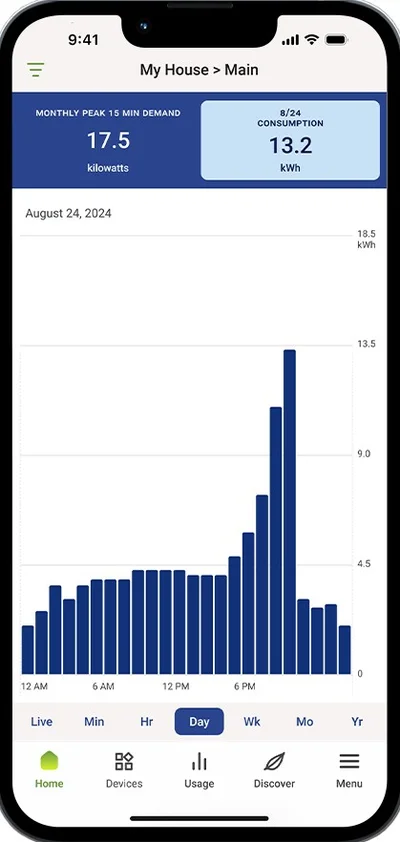 Home energy monitoring app showing hourly electricity usage and consumption data