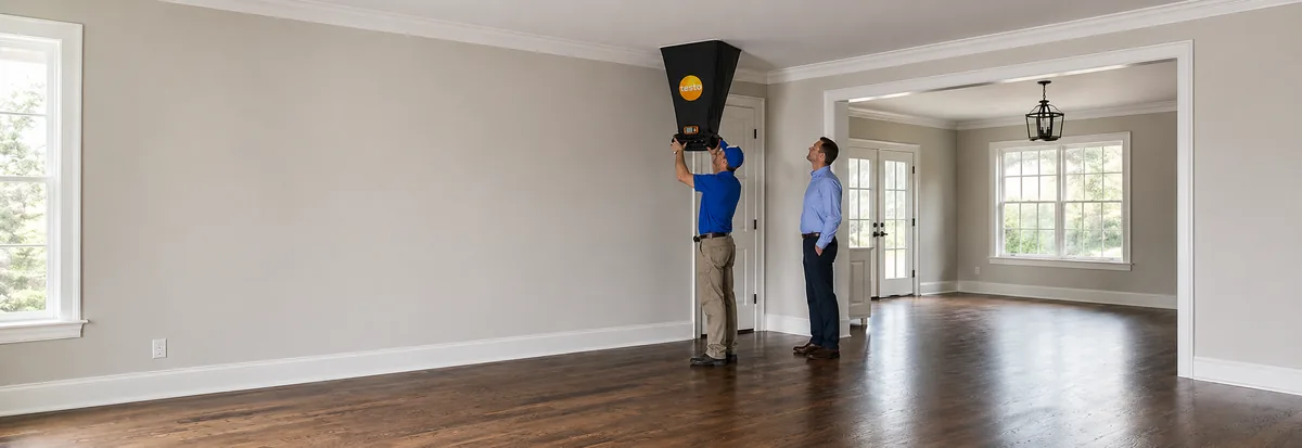 Peak Energy technicians using a flow hood on a ceiling register to measure HVAC supply airflow in a Wake County NC home
