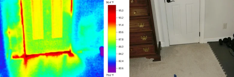 Thermal imaging comparison showing heat loss through wall — Wake County NC home