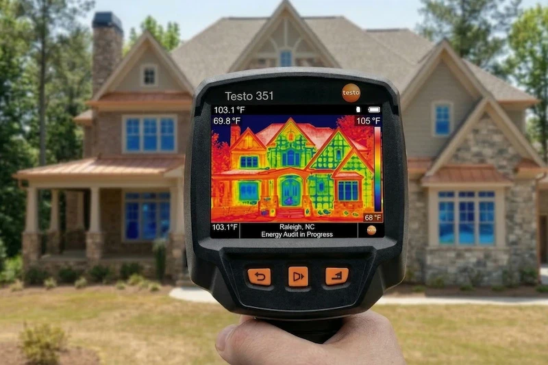 Thermal imaging scan showing heat loss in a Wake County home