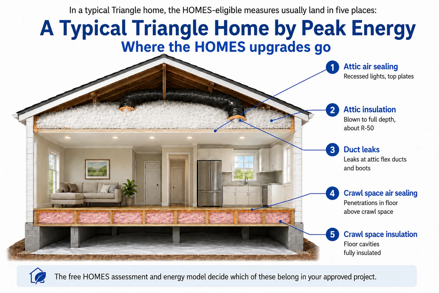 Cutaway of a typical Triangle home showing where the Energy Saver NC HOMES measures go: 1 attic air sealing at recessed lights and top plates, 2 attic insulation blown to full depth about R-50, 3 duct leaks at attic flex ducts and boots, 4 crawl space air sealing at floor penetrations, 5 crawl space insulation in the floor cavities
